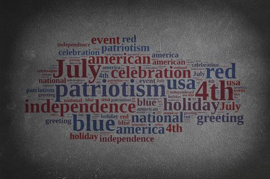 Blackboard with word cloud on July 4th party.3D rendering