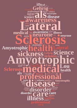 An illustration with word cloud about Amyotrophic lateral sclerosis.