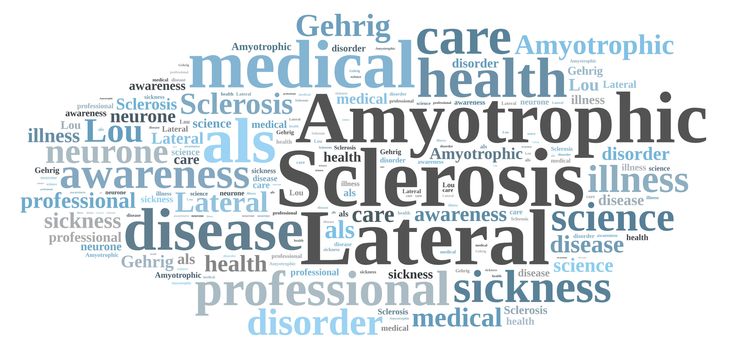 An illustration with word cloud about Amyotrophic lateral sclerosis.