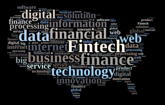 Illustration with word cloud on Fintech, finance and technology.