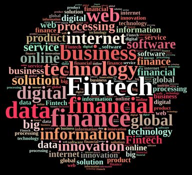Illustration with word cloud on Fintech, finance and technology.