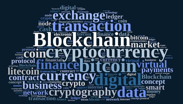 Illustration with word cloud with the word Blockchain.