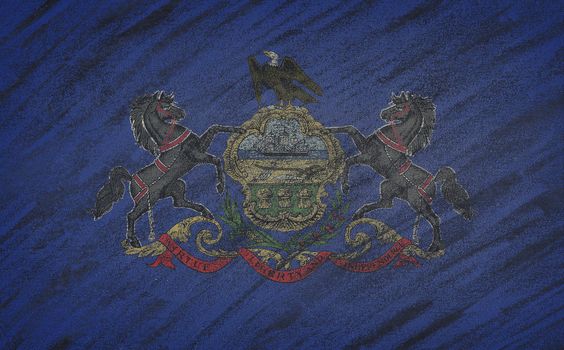 Close-up of national Pennsylvania state flag painted with colored chalk on a blackboard. 3D rendering