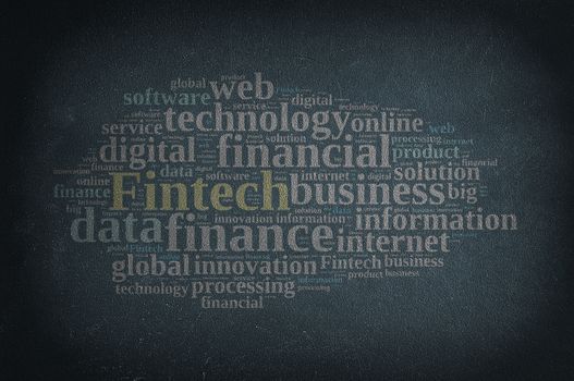 Blackboard with word cloud on Fintech, finance and technology.3D rendering.