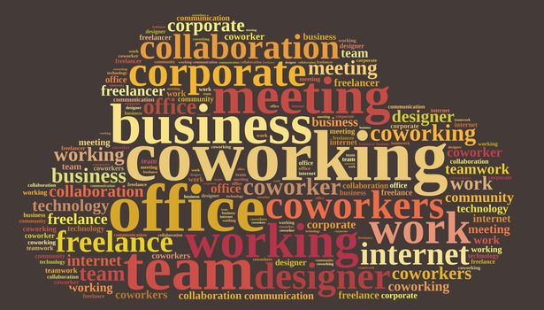 Illustration with word cloud with the word coworking.