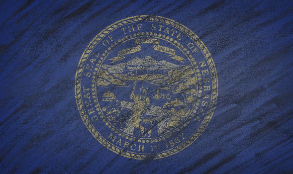 Close-up of national Nebraska state flag painted with colored chalk on a blackboard. 3D rendering