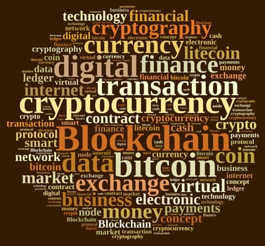 Illustration with word cloud with the word Blockchain.