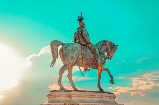 Equestrian statue of Victor Emmanuel II, which is mounted on the Vittorio Emanuele II Monument (Vittoriano) in Rome, Italy