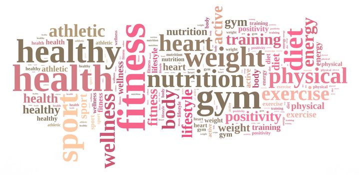 Illustration with a word cloud related to fitness.