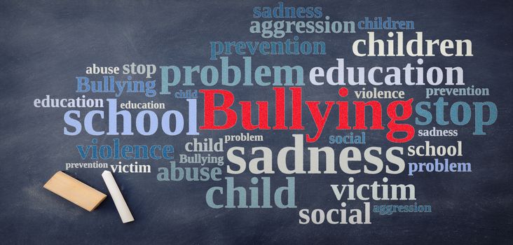 Blackboard with word cloud relating to Bullying.