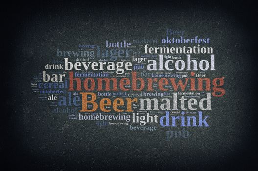 Blackboard with word cloud on homebrewing beer. 3D rendering.