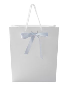 White shopping bag with bow isolated on white. Clipping path included.