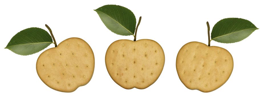 Three apple cookies isolated over white background