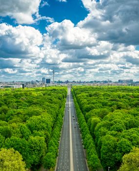 An aerial view of the Tiergarten and Berlin, Germany from the Victory Column on a sunny day.