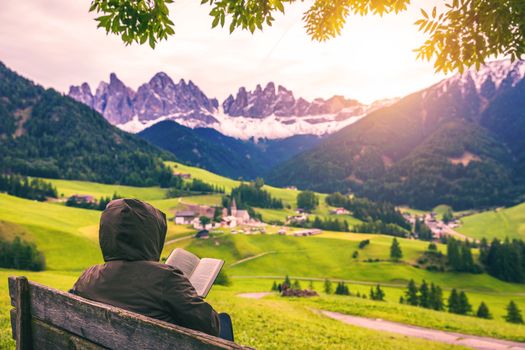 Famous best alpine place of the world, Santa Maddalena (St Magdalena) village with magical Dolomites mountains in background, Val di Funes valley, Trentino Alto Adige region, Italy, Europe