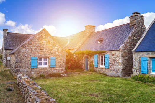 Street view of beautiful village of Rostudel former fishing village, Parc naturel regional d'Armorique. Finistere department, Camaret-sur-Mer. Brittany (Bretagne), France. 