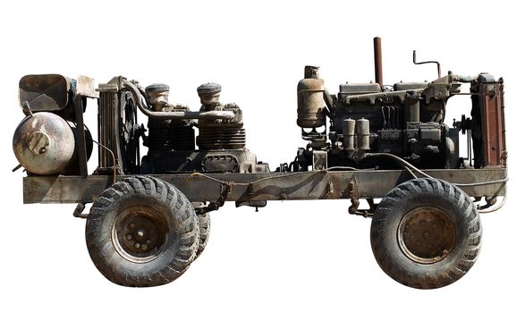 Antique Diesel Tractor isolated over white with clipping path