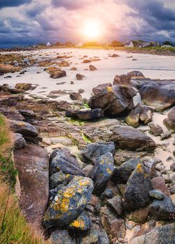 Moss stone and coastline in Brittany (Bretagne), France