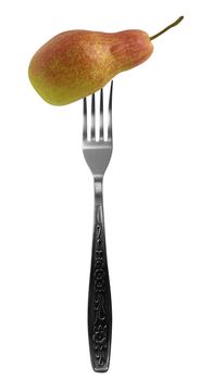 Juicy pear on fork isolated on a white background.