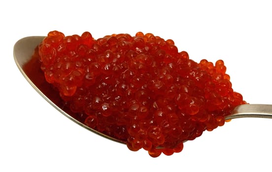 Red caviar on a spoon isolated over white background. Clipping path.