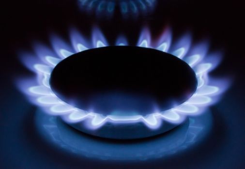 Blue flames of a burning natural gas. Gas cooker in action. 