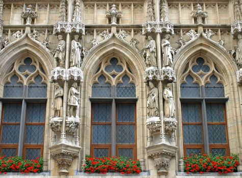 Holy statues along the facade of the Grand Place in Brussels, Belgium.