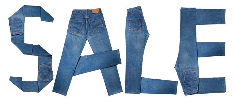 High resolution image of text "SALE" made from pairs of jeans isolated over white with clipping path