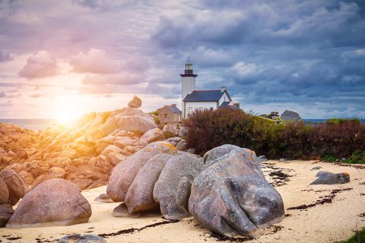 Pontusval lighthouse (Phare de Pontusval) at Brignogan-Plages, Finistere. Brittany (Bretagne), France