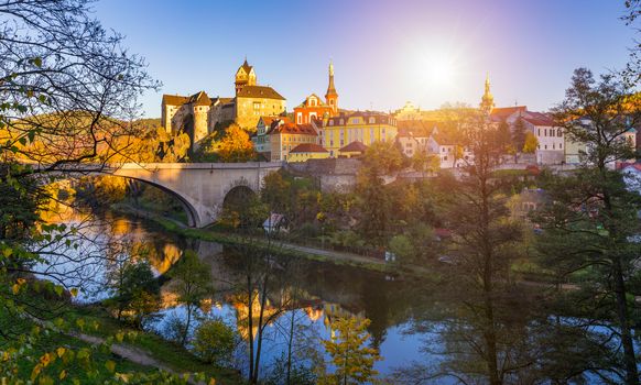 Colorful town Loket in autumn over Eger river in the Sokolov District in the Karlovy Vary region of the Czech Republic