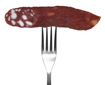 Sausage on fork isolated on a white background. Clipping path.