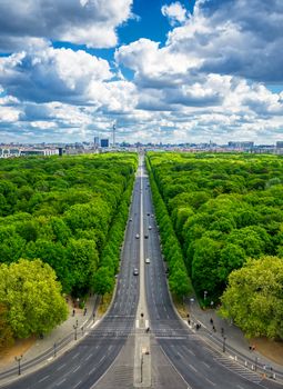 An aerial view of the Tiergarten and Berlin, Germany from the Victory Column on a sunny day.