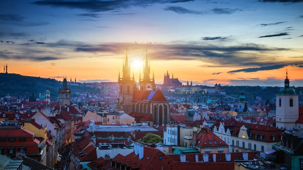Famous Tyn Church on Old Town Square, Prague castle is visible in the background. Prague, Czech Republic