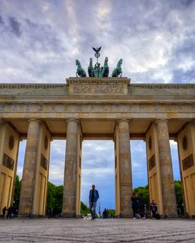 Berlin, Germany - May 3, 2019 - The Brandenburg Gate at sunset located in Pariser Platz in the city of Berlin, Germany.