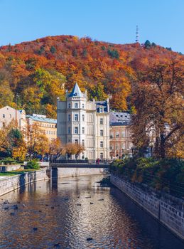 Architecture of Karlovy Vary (Karlsbad) in autumn, Czech Republic. It is the most visited spa town in the Czech Republic