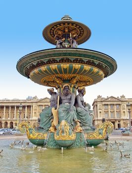 Beautiful La Fontaine des Fleuves (1835) fountain at the popular Place de la Concorde, Paris.