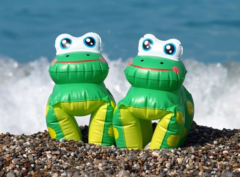 Two air frogs oversleeve on a pebble beach
