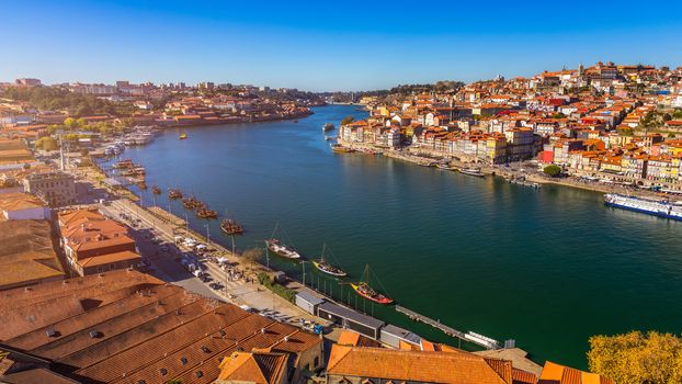 Scenic view of the Porto Old Town pier architecture over Duoro river in Porto, Portugal