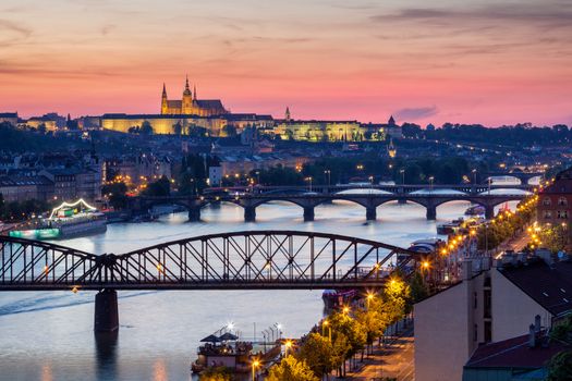 Prague Castle in lights, panoramic view from Vysehrad, Czech Republic, Europe