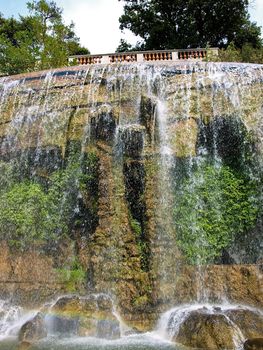 Large waterfall fountain in the La Chateau park in the southern French city of Nice.