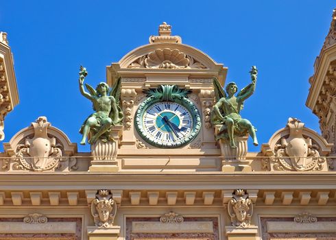 The top part of a facade of the Grand Casino in Monte Carlo, Monaco