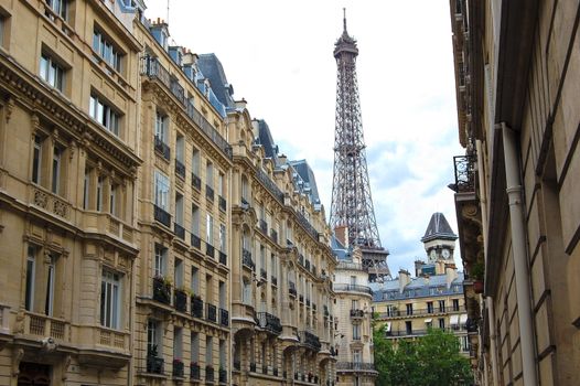 Street with a view to Eiffel Tower. Paris, France.