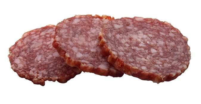 Three slices of salami isolated over white background with clipping path