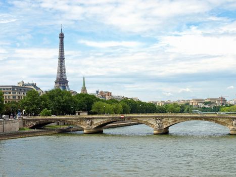 A view of the Eiffel tower from the river Seine.