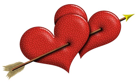 Two Red Hearts with water drops pierced together by arrow