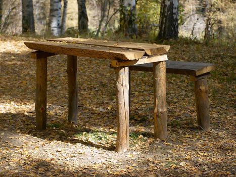 Wooden picnic table and bench in a forest at fall