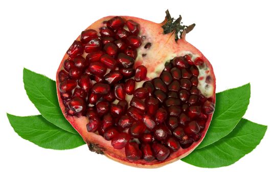 Juicy half of pomegranate with leaves. Clipping path.