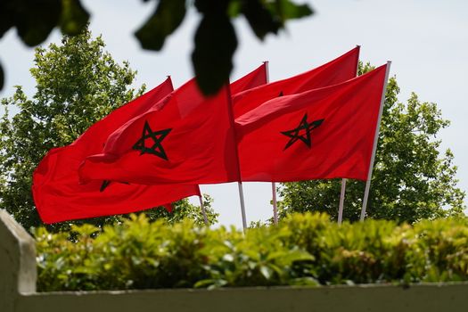 five morocco flags moving by a strong wind