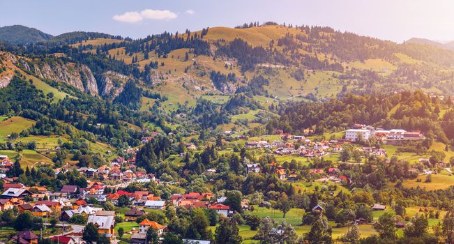 Summer alpine Transylvania landmark, landscape with green fields and valleys, high Piatra Craiului mountains, Carpathians, Transylvania, Romania, Europe
