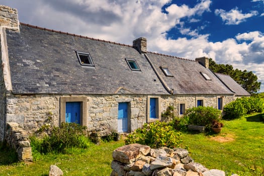 Street view of beautiful village of Rostudel former fishing village, Parc naturel regional d'Armorique. Finistere department, Camaret-sur-Mer. Brittany (Bretagne), France. 