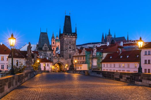 Famous iconic image of Charles bridge, Prague, Czech Republic. Concept of world travel, sightseeing and tourism.